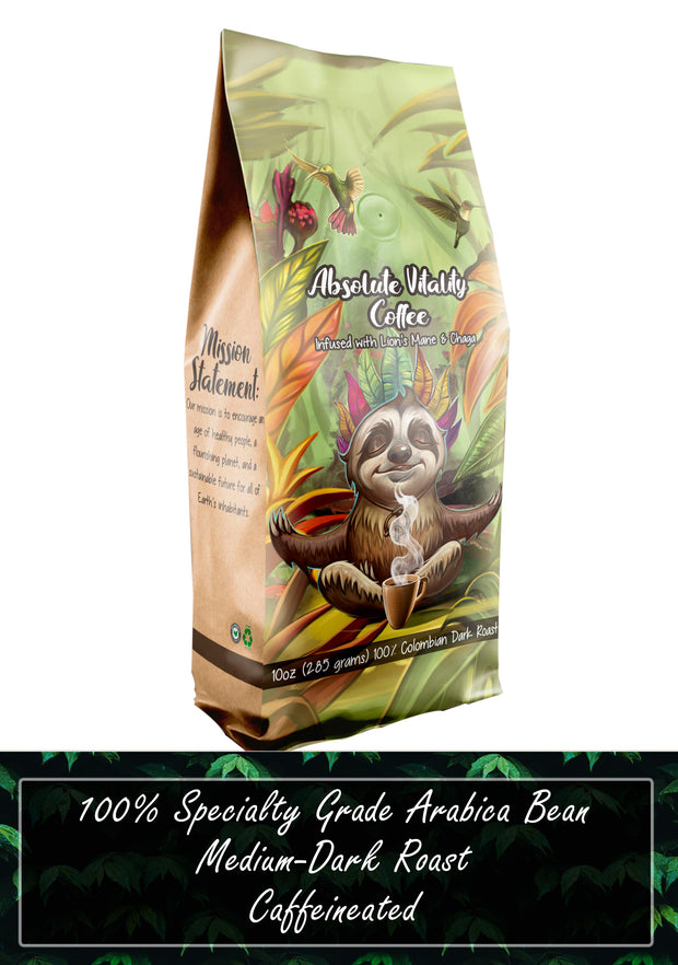 Specialty Grade 100% Arabica Colombian Ground Coffee W/ Organic Lion's Mane and Chaga Mushrooms Med-Dark Roast